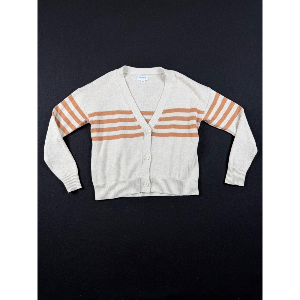 Evereve Quincy Cardigan Womens Small Cream Tan Striped V-Neck Button Sweater
